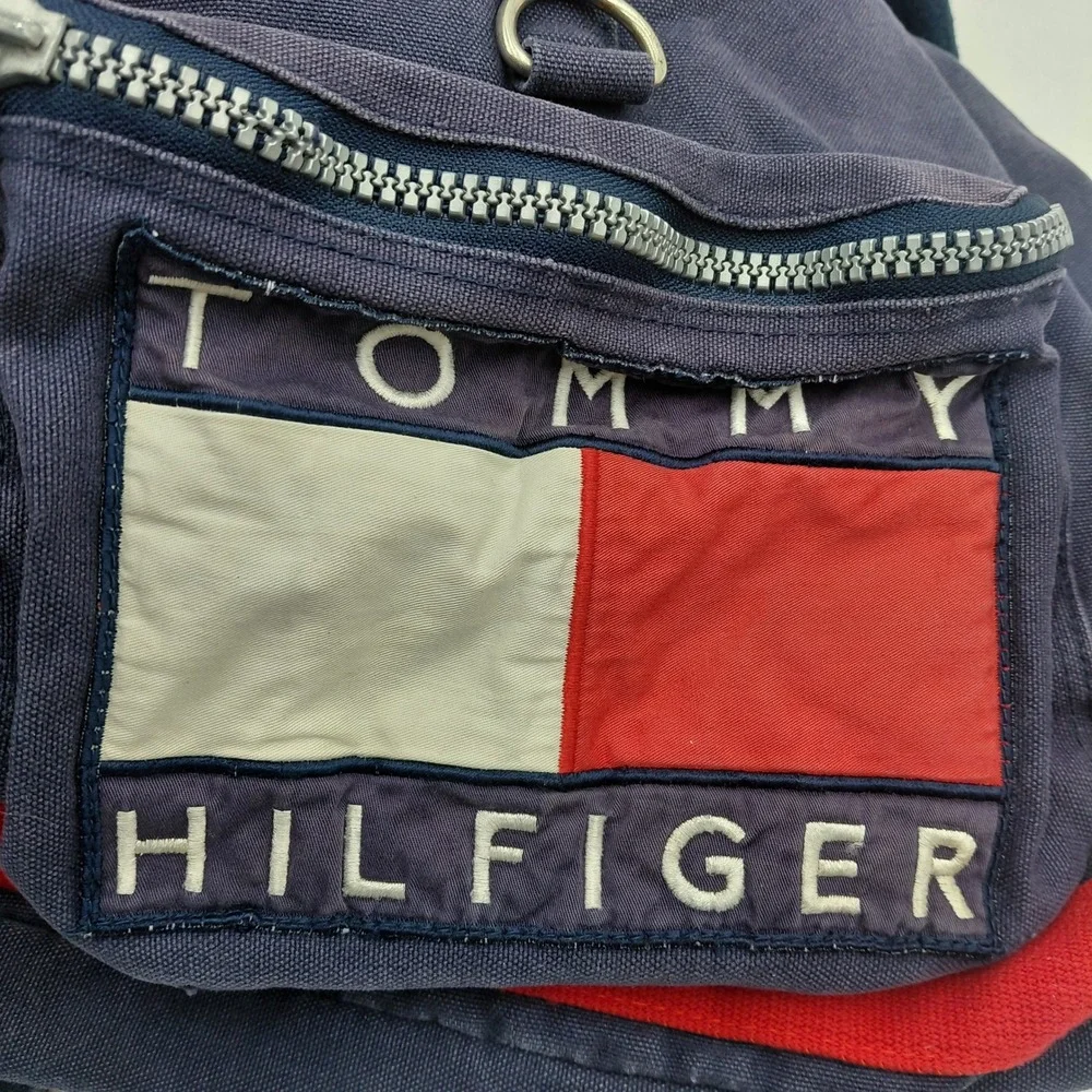 Vtg Tommy Hilfiger Canvas Backpack Navy Blue Red Flag Logo 90s Rucksack Y2K